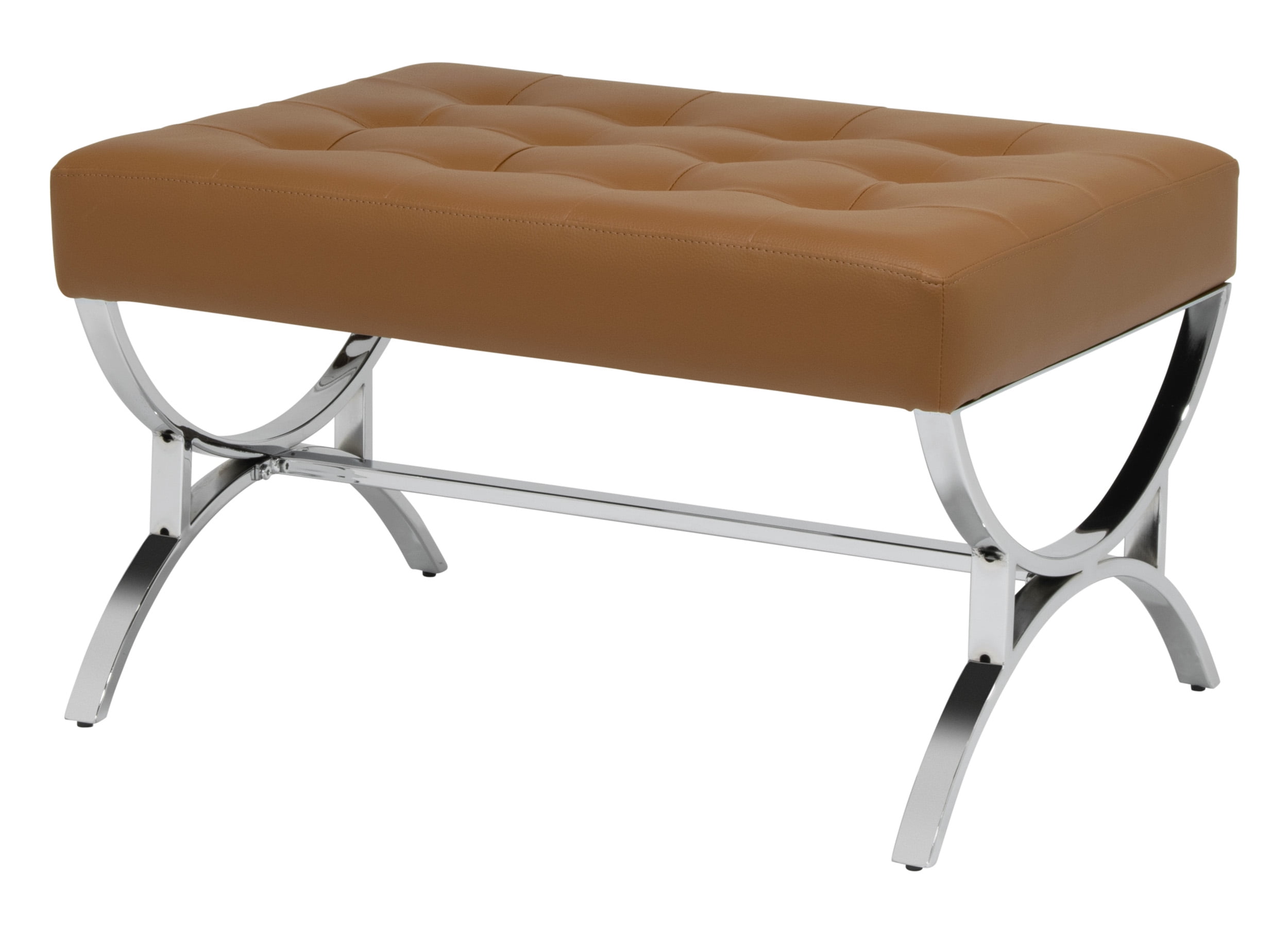 Studio Designs Home Newel Modern Square Ottoman Blended Leather and Chrome Metal Frame in Chrome and Caramel
