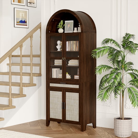 78.5โ H Tall Pantry Cabinet, Arched Cabinet, Kitchen Storage Cabinets - Glass Doors, Adjustable Shelves, Drawer & Anti-Tip Device, Wood Grain MDF Cupboard for Dining/Living Room (Brown)
