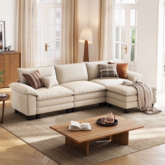 LINSY HOME Modular Sectional Sofa, 3-Seat L Shaped Cloud Couch with Movable Ottoman for Living Room, Beige