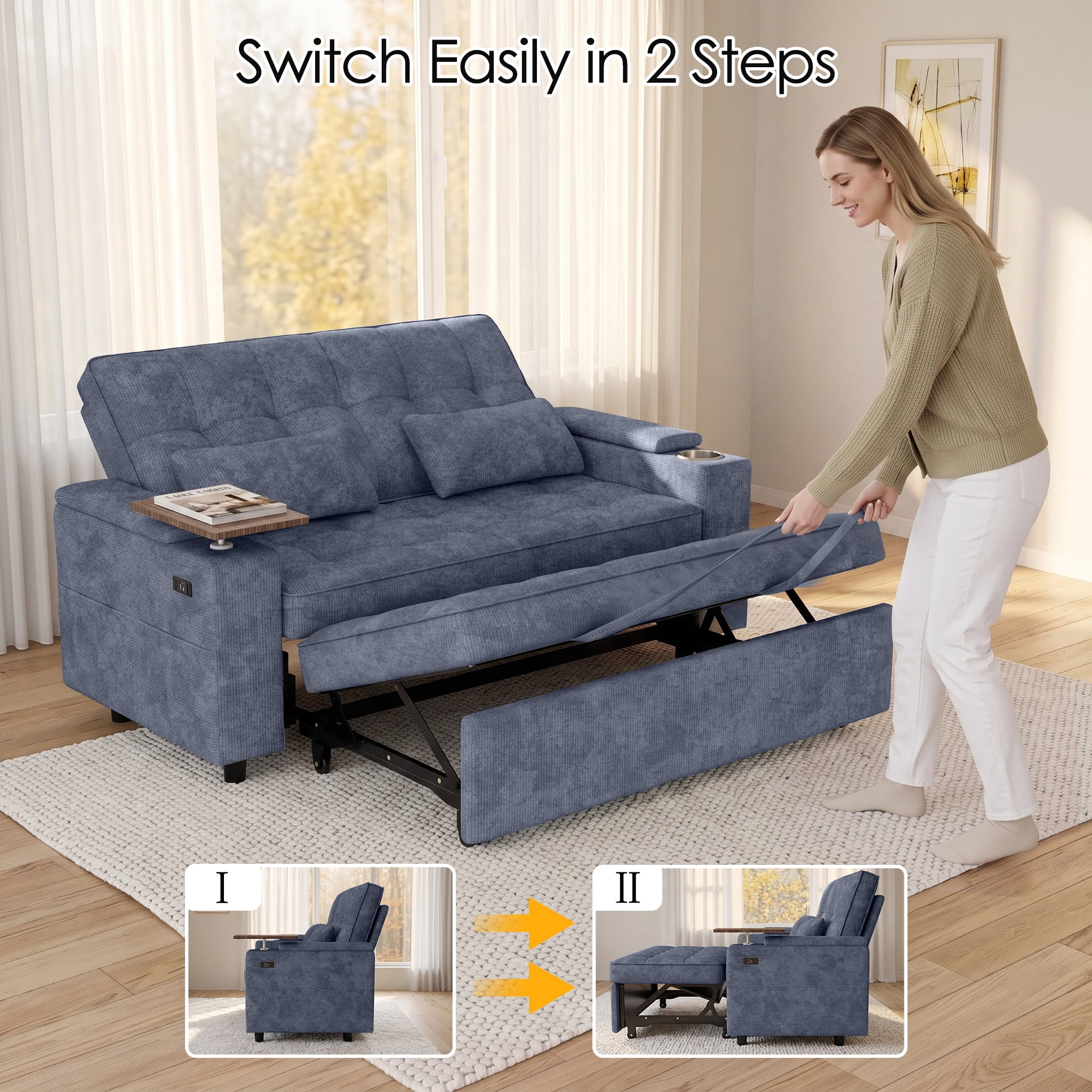Xiweot 65" Sleeper Sofa Bed, 3-in-1 Convertible Chenille Futon Couch, Loveseat Sofa with Adjustable Backrest, Pull out Couch with Storage Armrest, Table & Pillows for Living Room Apartment (Blue)