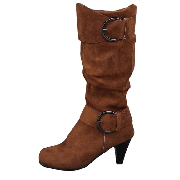 Xfvqtps Womens Fashion Boots Mid Calf Buckle Strap Booties Chunky Low Heel Suede Ankle Boots for Women Winter Casual Comfortable Shoes