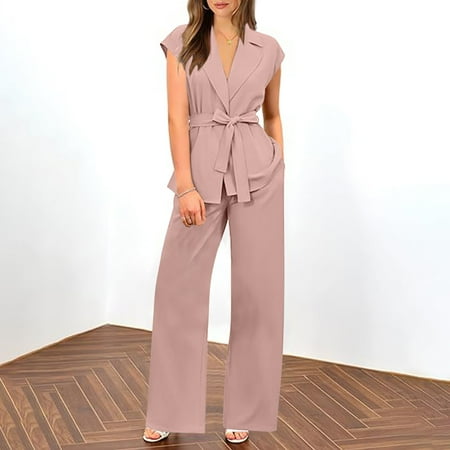 BLTIBY Womens 2 Piece Set 2025 Solid Color Blazer Trendy V Neck Sleeveless Belted Vest Straight Long Pants Business Suit Sets with Pocket Pink M