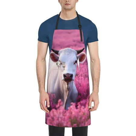 

Tebeau Flower Field Cow Print Waterproof Cooking Aprons Adjustable Bib Soft Chef Apron with 2 Pockets for Men Women