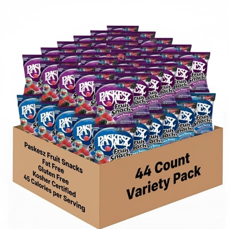 Paskesz Fruit Snacks Variety Pack Fat-Free Gluten-Free Kosher Certified Very Berry and Fruit Medley Flavors 44 Count Individual Pouches 45 Calories per Serving