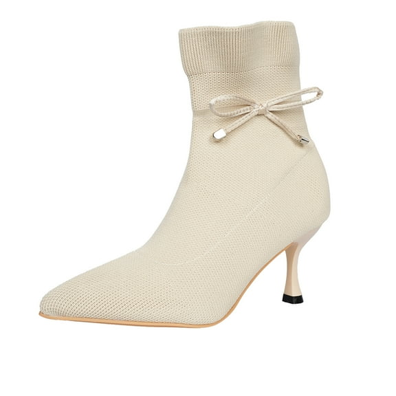 SACFOF Women's Pointed Toe Bow Kitten Heel Ankle Boots Stiletto High Heels Mid Calf Booties Stretch Knit Shoes