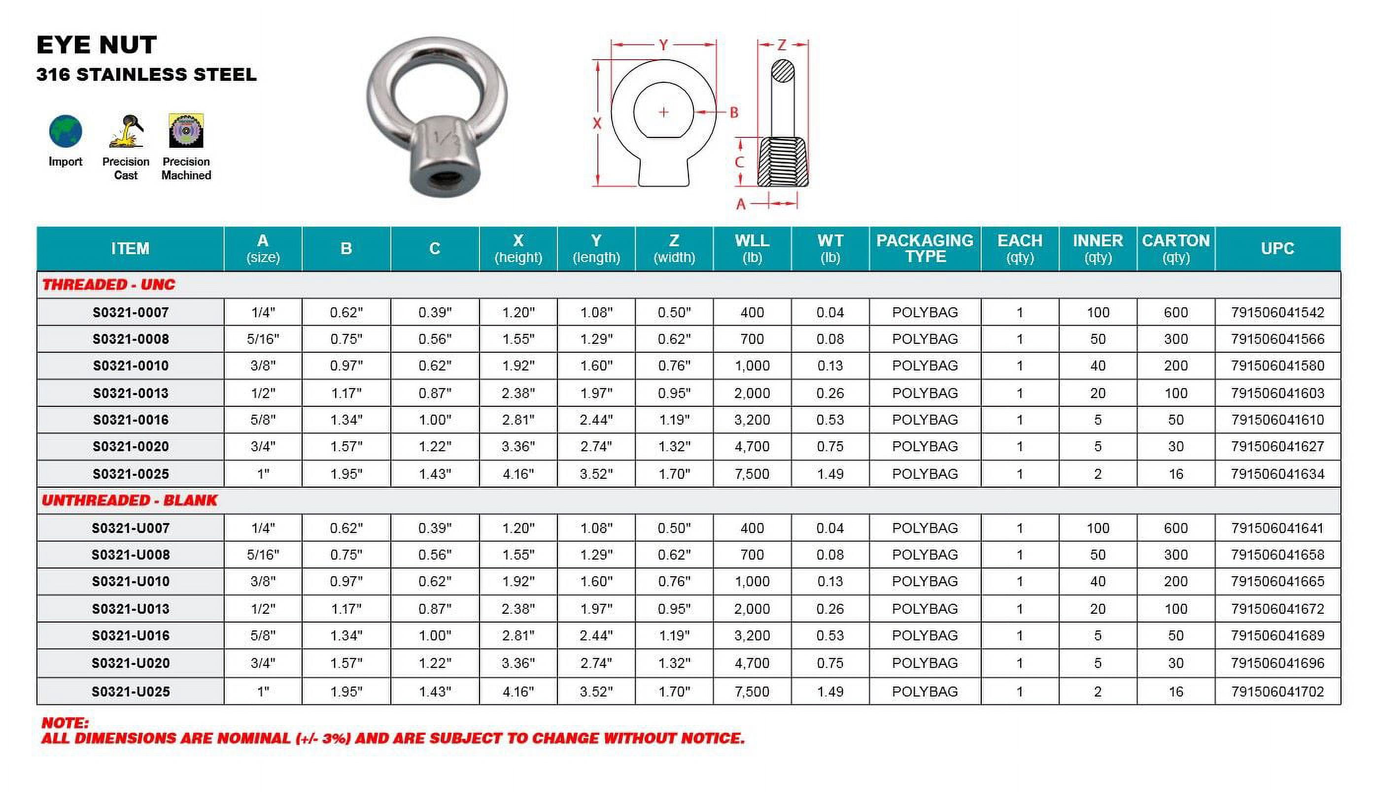Stainless Steel UNWELDED EYE BOLT SS 316 5/16 in. x 3 in Stainless Steel UNWELDED EYE BOLT SS 316 5/16 in. x 3 in