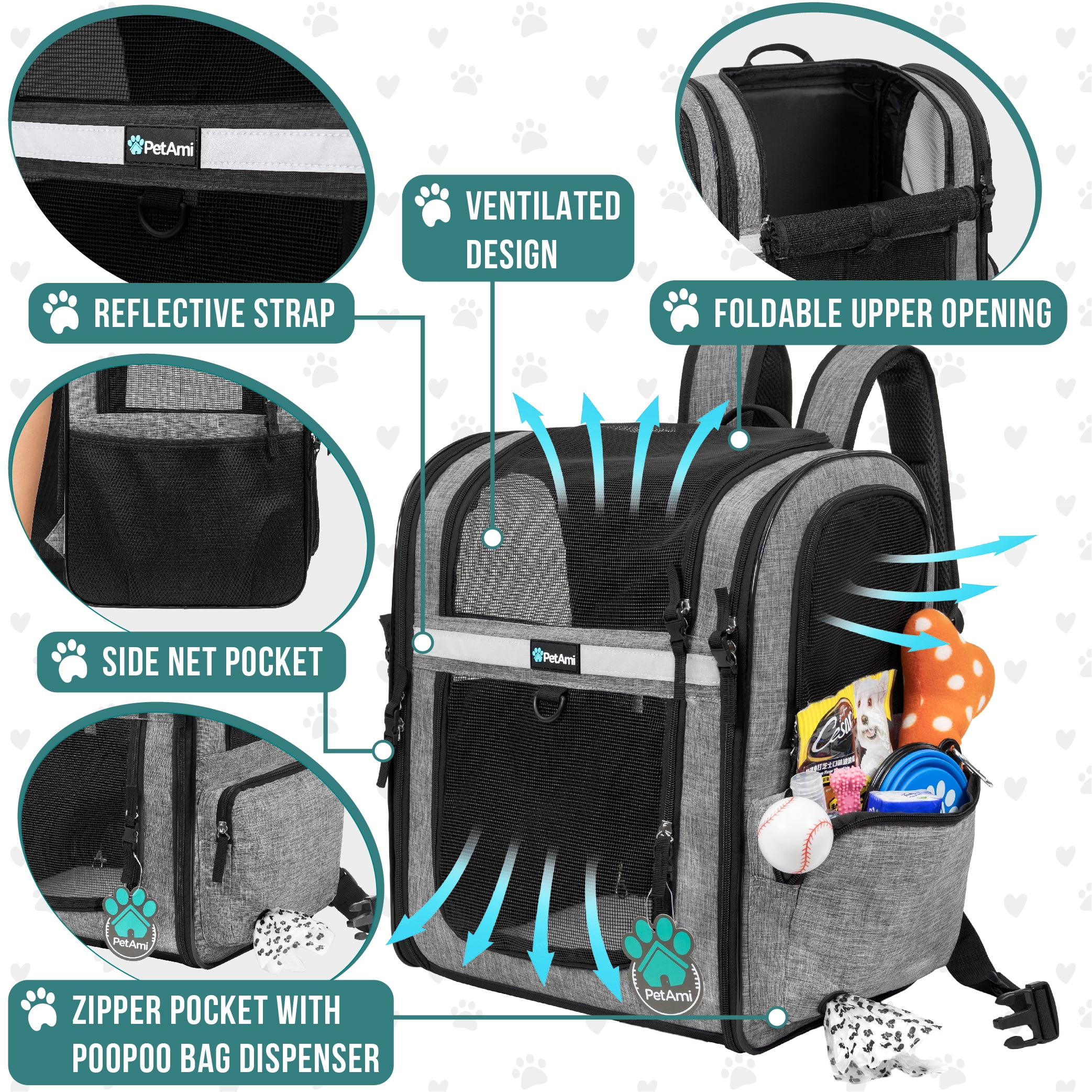 PetAmi Dog Backpack Carrier For Small Large Cat, Pet, Puppies, Ventilated Pet Hiking Backpack Travel Bag, Airline Approved Cat Backpack Carrier, Safety Back Support, Camping Biking, Max 18 lbs, Grey