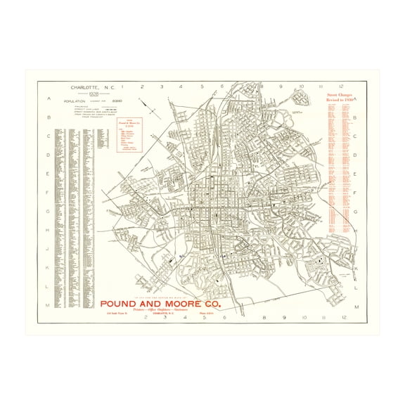Charlotte Art, 1930 Vintage Map of Charlotte North Carolina, NC History Wall Decor Gift, Old Charlotte Map - 36" x 24" Unframed Print
