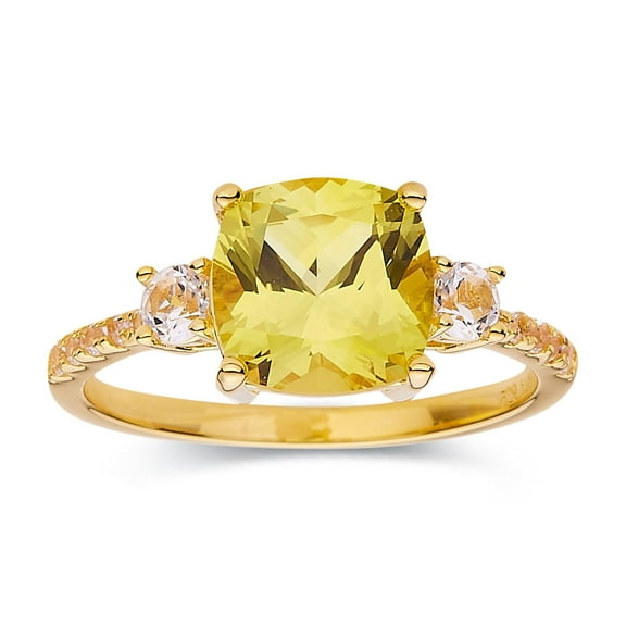 Canary Yellow Sapphire Cushion Cut Three Stone Statement Ring For Women- Created Yellow Sapphire Gemstone 18K Gold Plated Sterling Silver Ring Jewelry Gift for Her