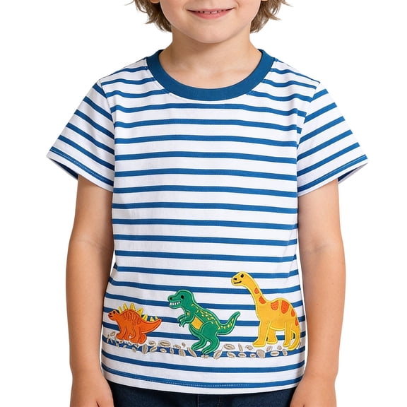 RTKFRFLM Toddler Boys Dinosaur Embroidered T-Shirt Cute Prehistoric Animal Crewneck Short Sleeve Active Play Tee 1-7Y