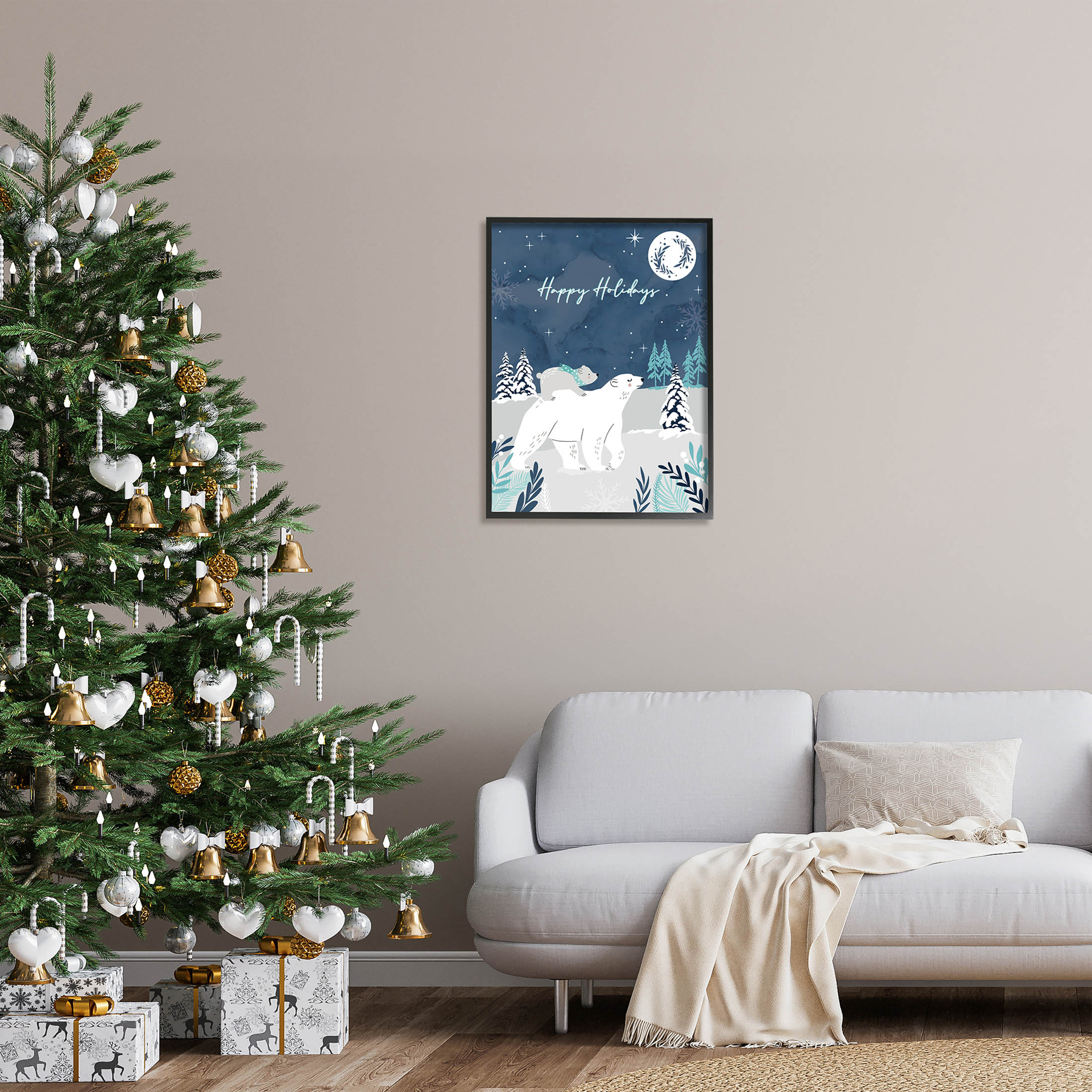 Happy Holidays Winter Snow Bears Holiday Graphic Art Black Framed Art Print Wall Art