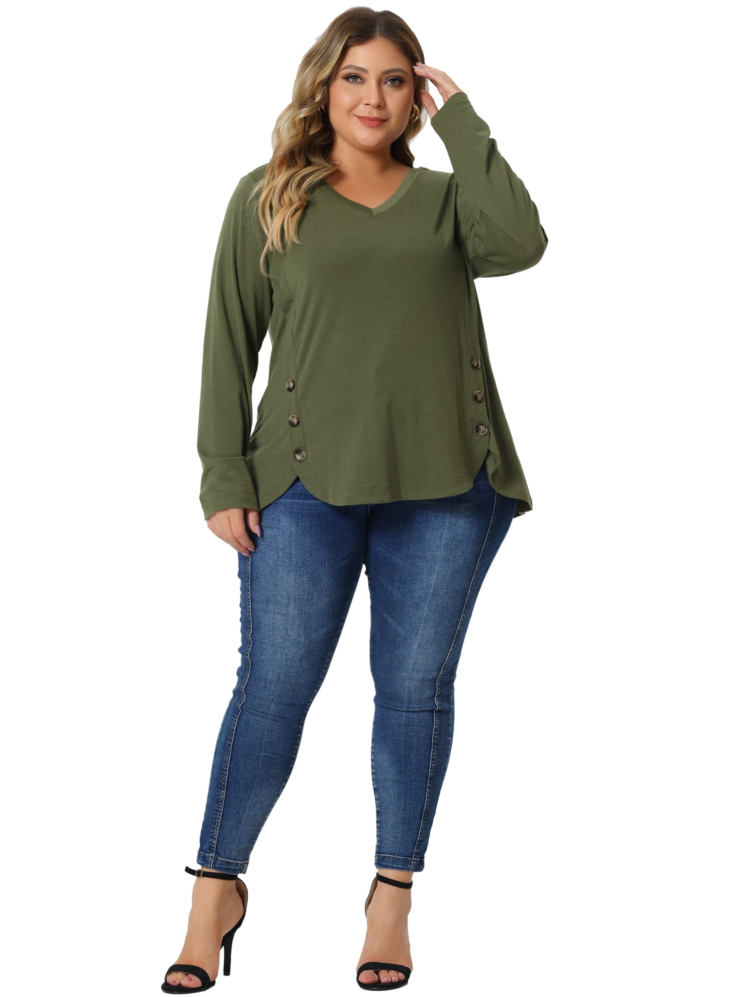 DARING DIVA Women's Plus Size Long Sleeve Button Side Swing Blouses 5X ArmyGreen