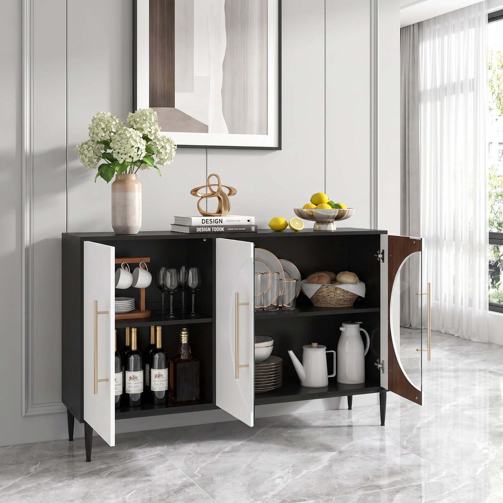 Furnibear Sideboard Cabinet with Tempered Glass Door for Living Room Dining Room Kitchen for Kitchen Dining Living Room Buffet Storage Server, White