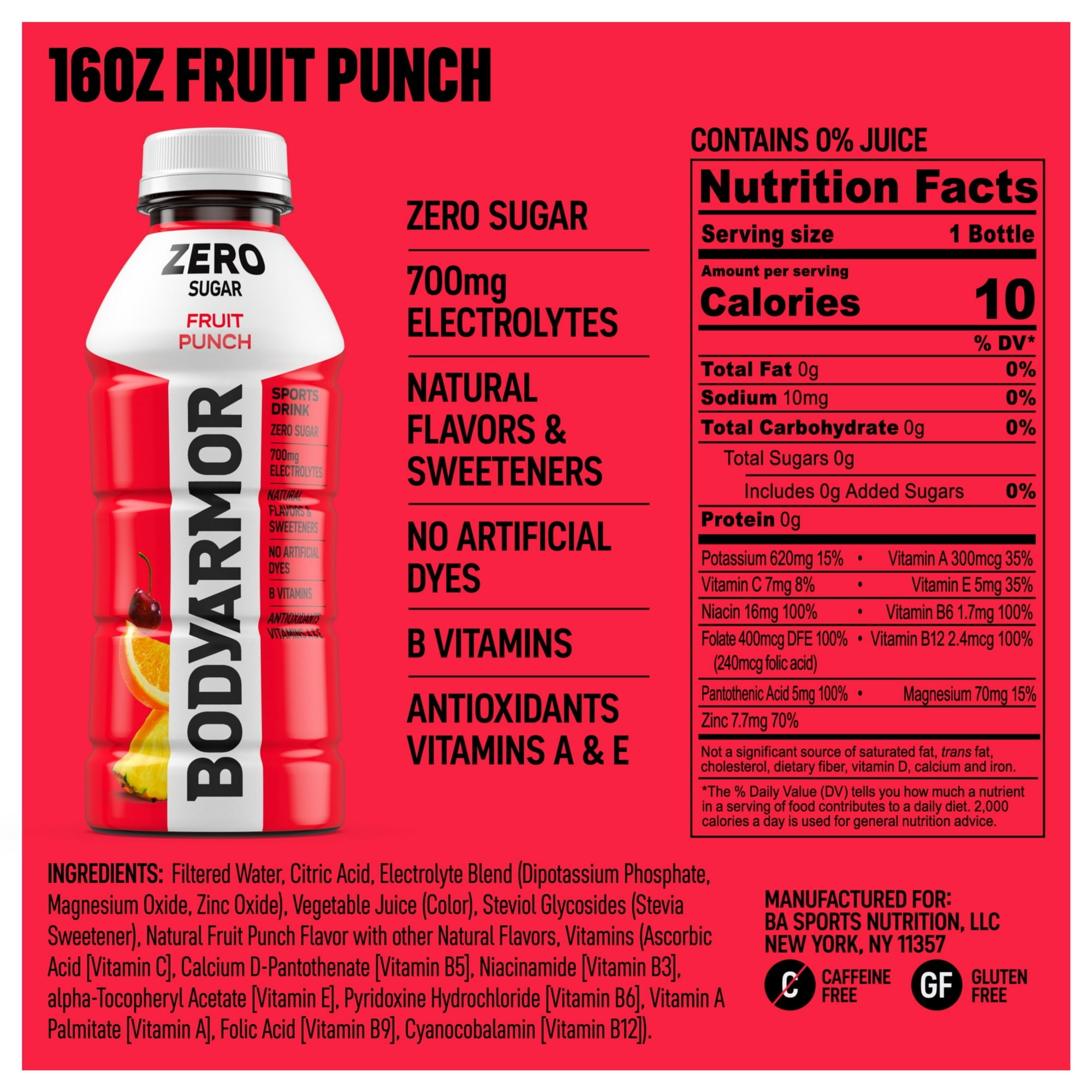 BODYARMOR Zero Sugar Fruit Punch Electrolyte Sports Drink, 16 fl oz, 4 Pack Bottles