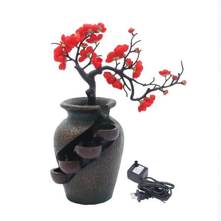 Resin Flower Vase Waterfall Fountain with Pump Indoor Water Fountain Tabletop FengShui Decoration