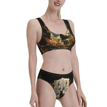 Uemuo Enchanted Deer In Cave Printed Women s High Waisted Bikini Sets Sporty Two Piece Swimsuits Color Block Cheeky High Cut Bathing Suits-XX-Large