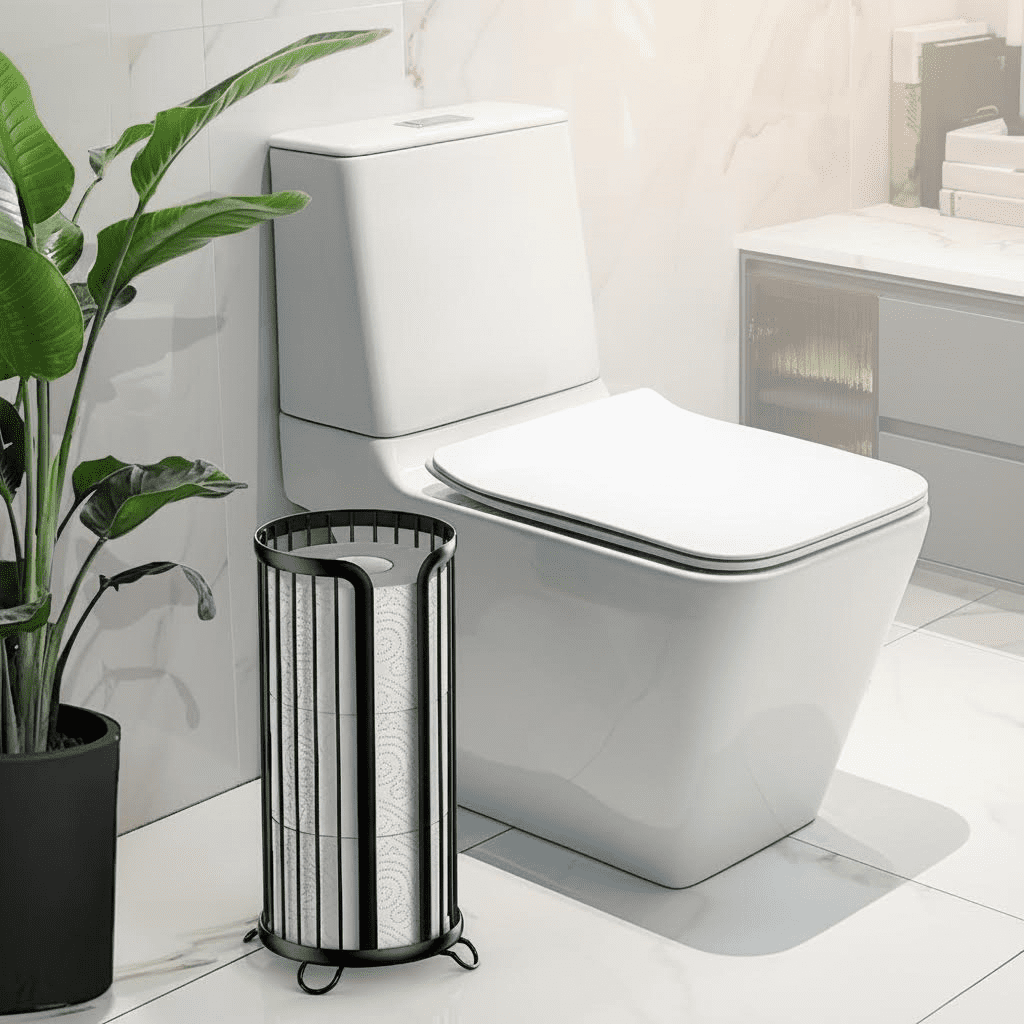 Freestanding Toilet Paper Holder Stand with Storage, Modern Black Bathroom Tissue Organizer for Mega Rolls, Minimalist Design Space-Saving Solution