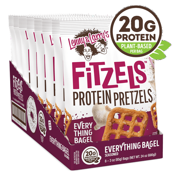 Lenny & Larry's Fitzels Protein Pretzels Snack, Everything Bagel, 20g of Protein, 8 Pack