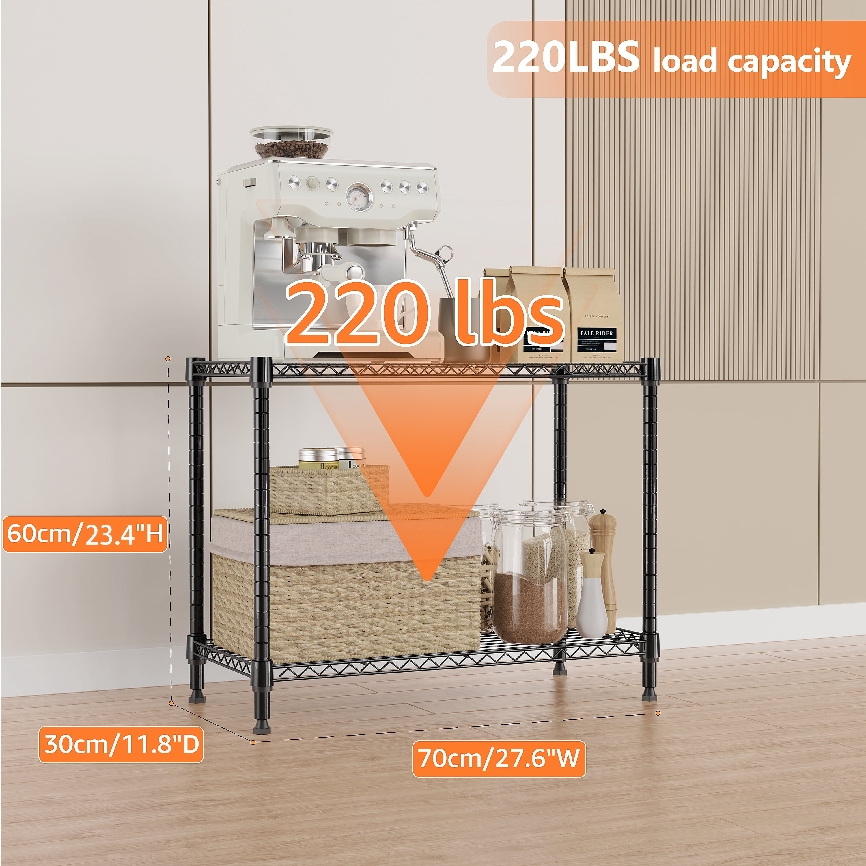 IZEUK 2-Tier Black Metal Shelving Unit, Adjustable Wire Rack Organizer, 220 lbs, 27.6"W x 11.8"D x 23.4"H