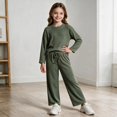 thumbnail image 5 of UKHCCC Girls Ribbed Knit 2 Piece Outfit Set, Long Sleeve Crew Neck Pullover Top and Wide Leg Pants, Casual Lounge Set, 5 of 8
