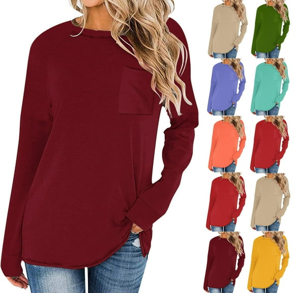 Lovskoo 2024 Long Sleeve Shirts for Women Trendy Casual Solid Color Drop Shoulder Raglan Sleeve Tops Round Neck Loose Shirt with Poket Claret