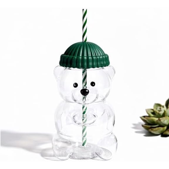 Cute Bear Glass Tumbler with Straw and Lid, Reusable Clear Drinking Cup, Aesthetic Iced Coffee Juice Water Glass Cup (Green)