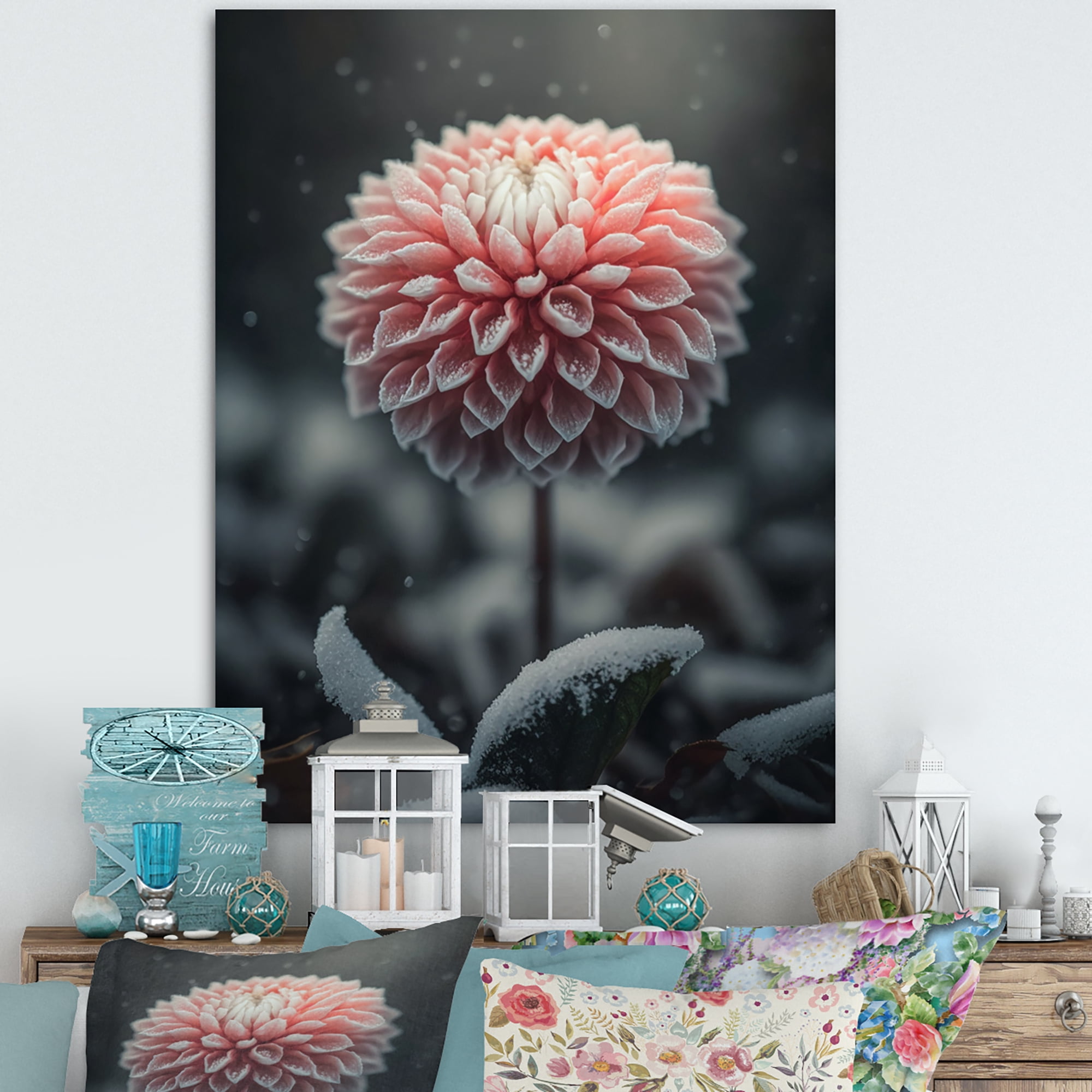Designart A Blooming Pink Dahlia Flower In Winter III Canvas Wall Art