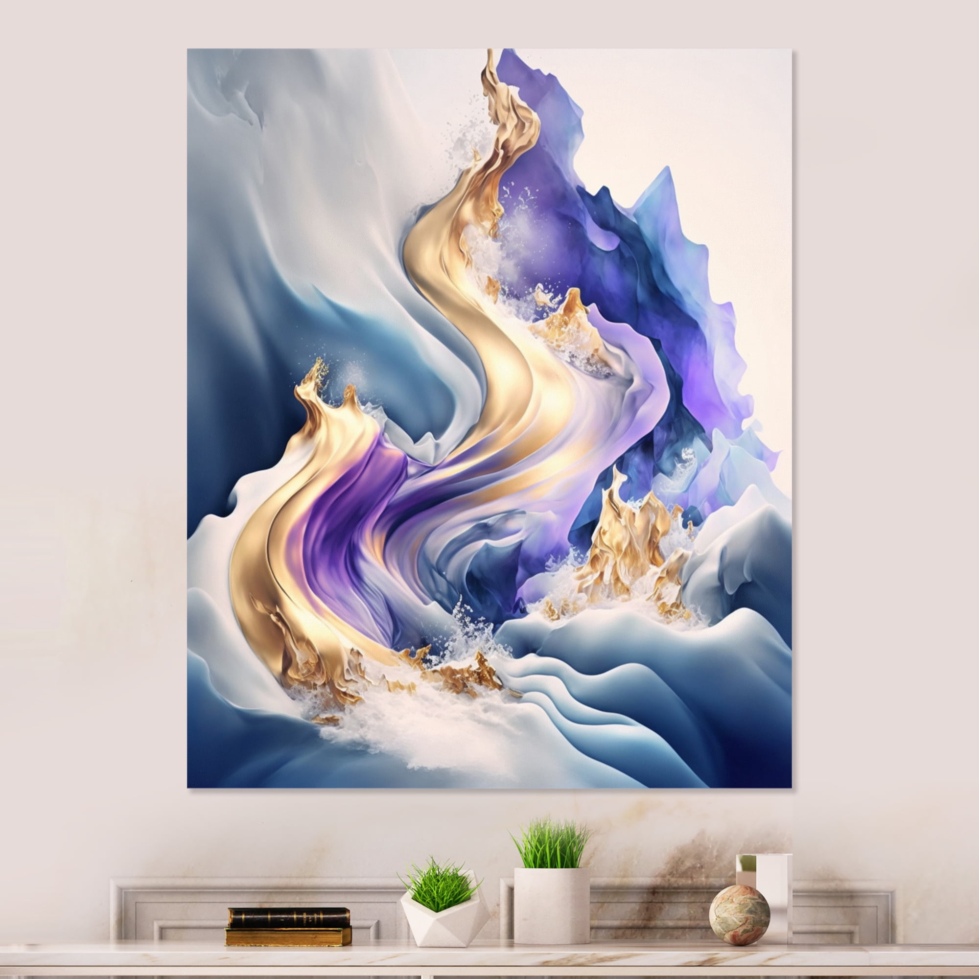Designart Blue And Gold Splash Paint III Canvas Wall Art