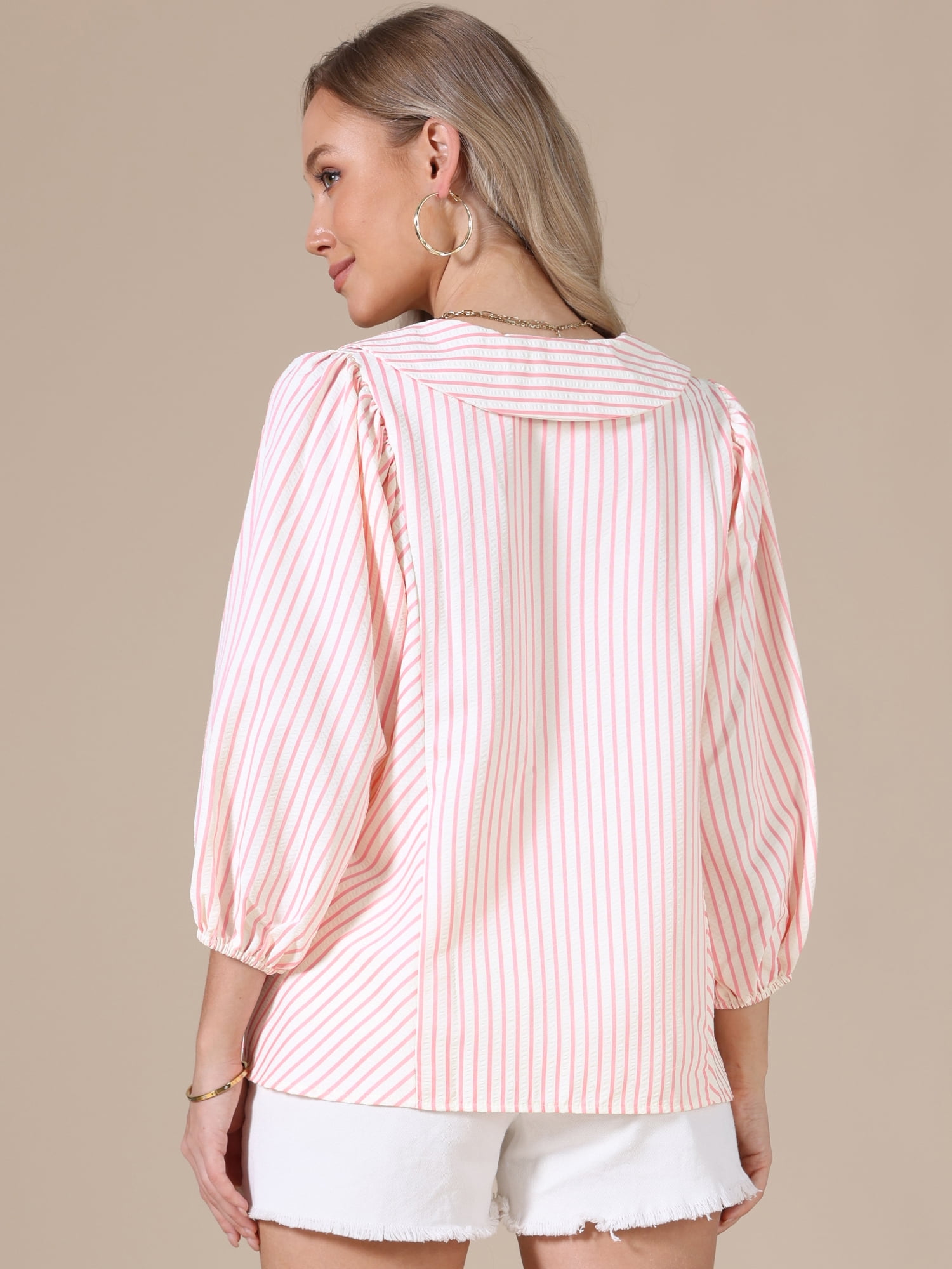 DARING DIVA Women's Button Down Striped Dressy Blouse Ruffled Sleeve XL Pink