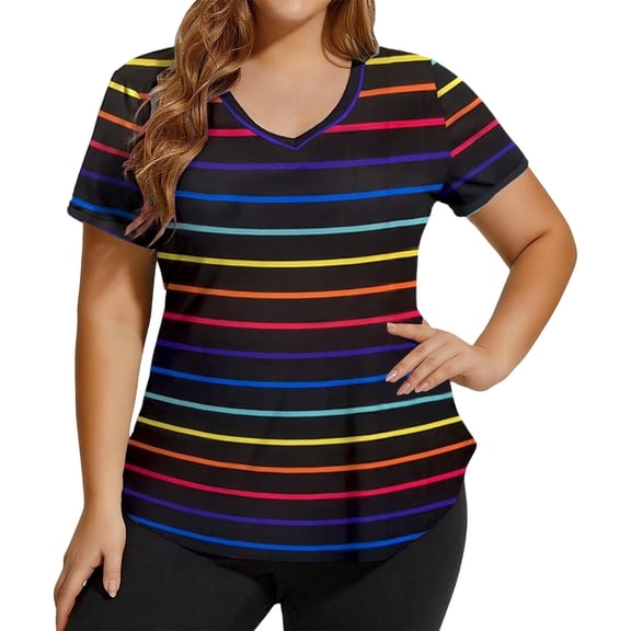 Womens Plus Size Short Sleeve T Shirts Striped Print V Neck Loose Fit Summer Athletic Sport Tee Tops Black XXL