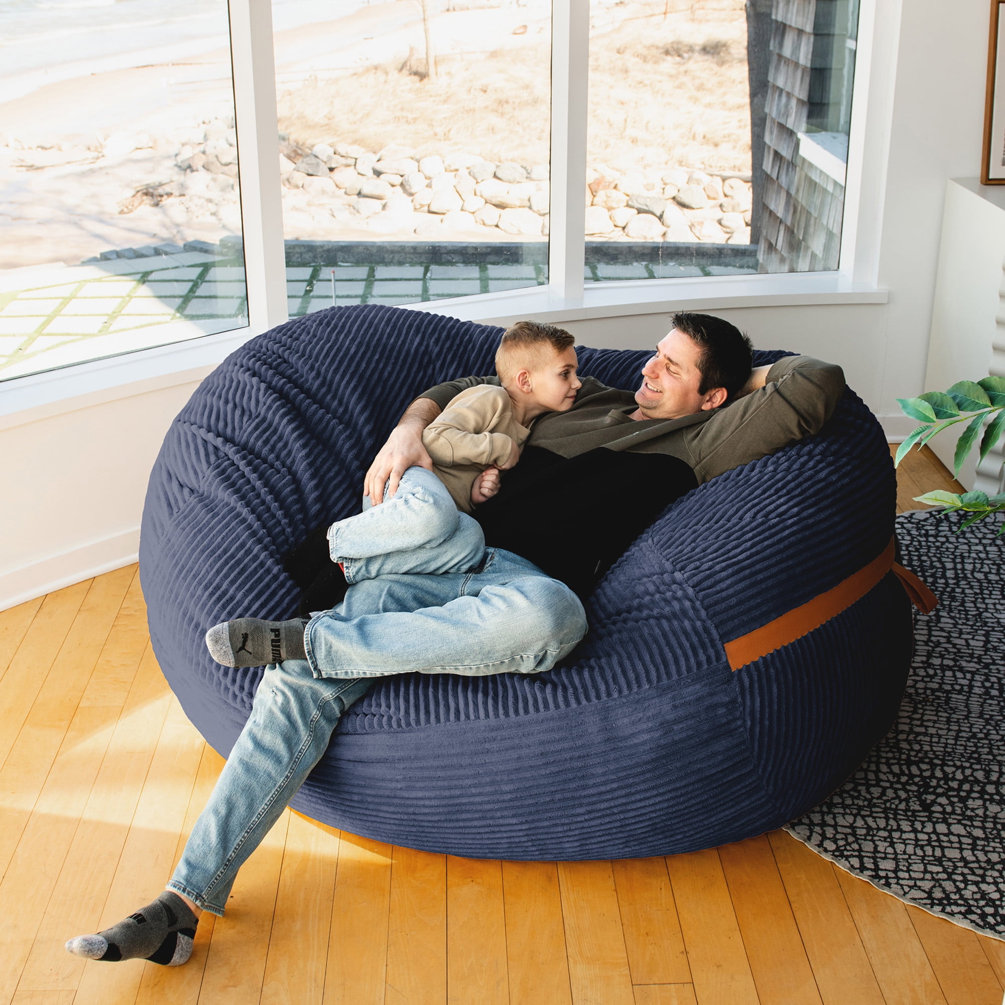 Big Joe Fuf 7Ft Giant Foam Bean Bag Chair, Oversized Couch with Removable Cover for Kids, Teens, Adults, Midnight Blue Corded Plush, 7 Foot