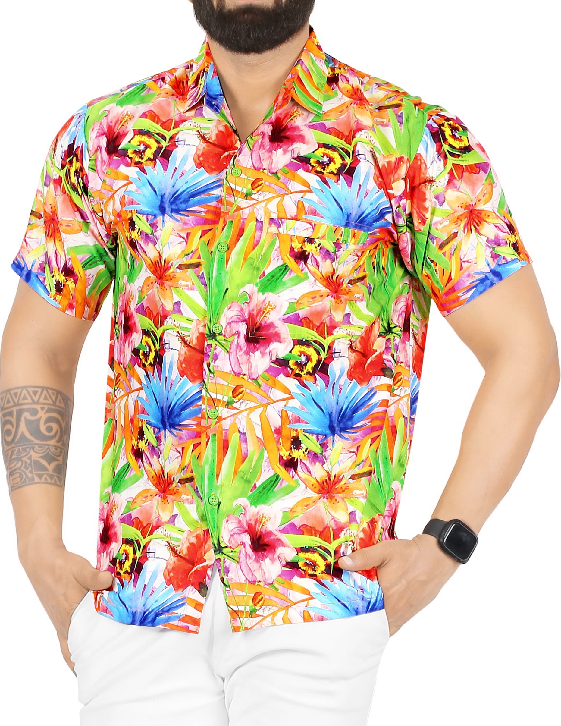 EELa Mens Short Sleeve Printed Floral Flower Casual Button Down Shirt Summer Hawaiian M