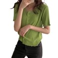 thumbnail image 4 of Camisa de mujer con botones, suéter de punto fino, camiseta informal de manga corta suave, verde Speravity AP001278-05B, 4 of 7