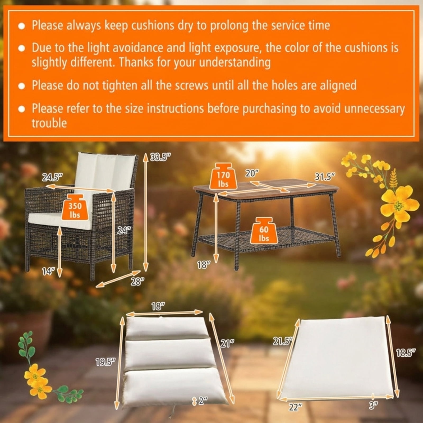 Furnibear 5 Piece Patio Rattan Furniture Set Outdoor Wicker Sectional Sofa Set with Cushions Armrest and Acacia Wood Tabletop, Off White