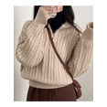 thumbnail image 4 of Women'S Sweaters Fall Winter Quarter Zip Long Sleeves Casual Ribbed Cable Knit Pullover Apricot One size, 4 of 8