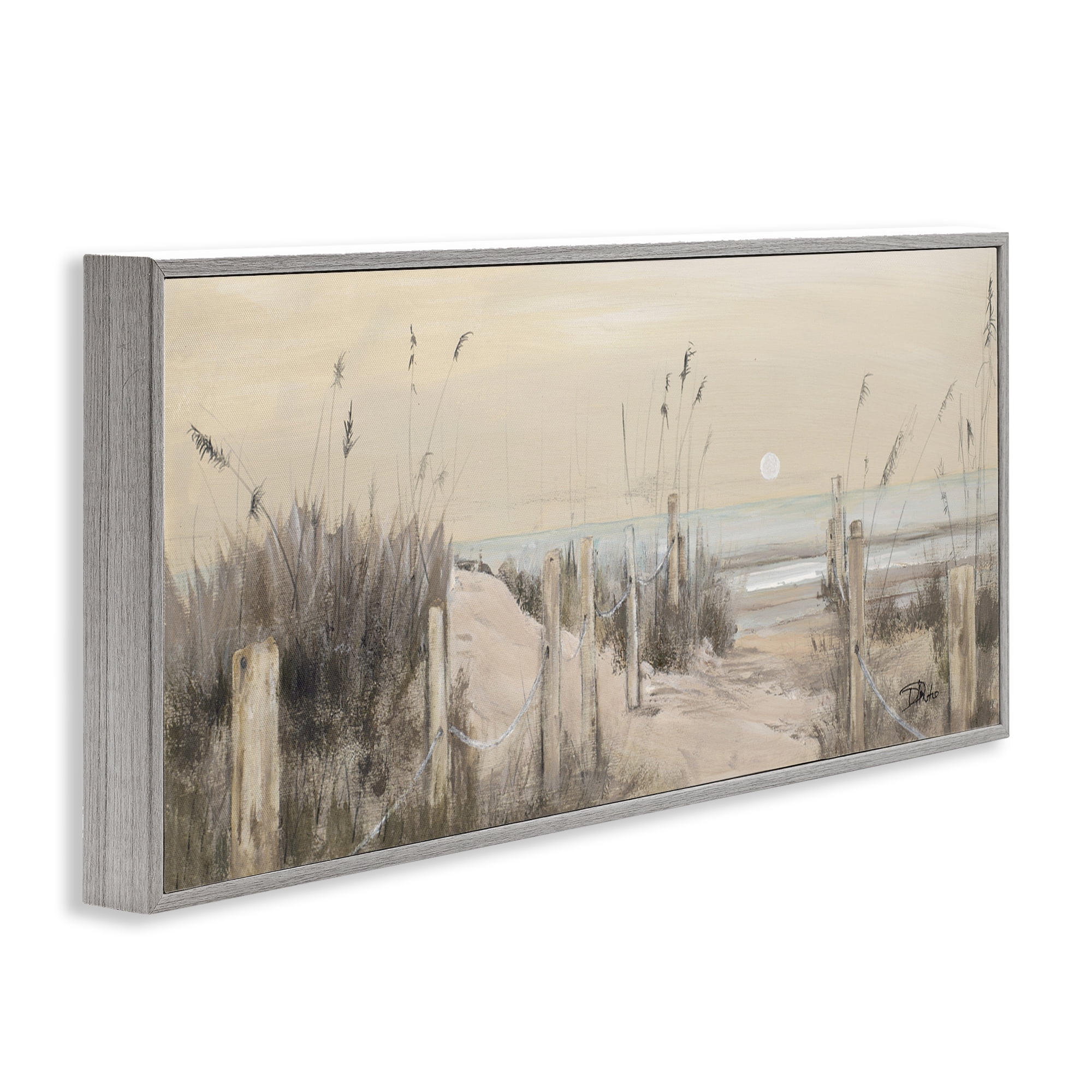 Stupell Industries White Moon Over Ocean Landscape Painting Gray Framed Art Print Wall Art, 30 x 13