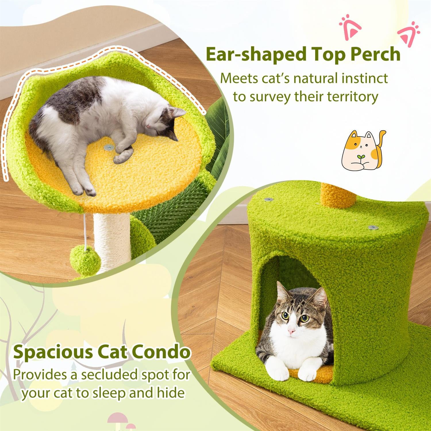 Pefilos Cute Palm Cat Tree for Indoor Cats, Artificial Leaves & Sisal Scratching Posts, Ear-shaped Perch, Green