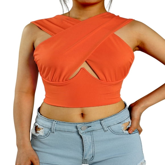 Women Criss Cross Tank Tops Sleeveless Solid Color Cutout Crop Tops