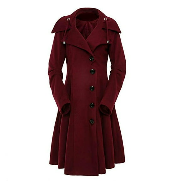Ladies Trench Coat Long Sleeve Warm Slim Button Long Coat Windproof Autumn Winter Coat Jacket Parka with Lapel Collar XL