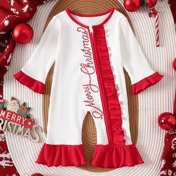 Toddler Girls Romper Jumpsuit Long Sleeve Holiday Party Outfit with Festive Print and Bow Detail for Baby Photoshoot Modern Baby Girl Clothes 12-18 Months