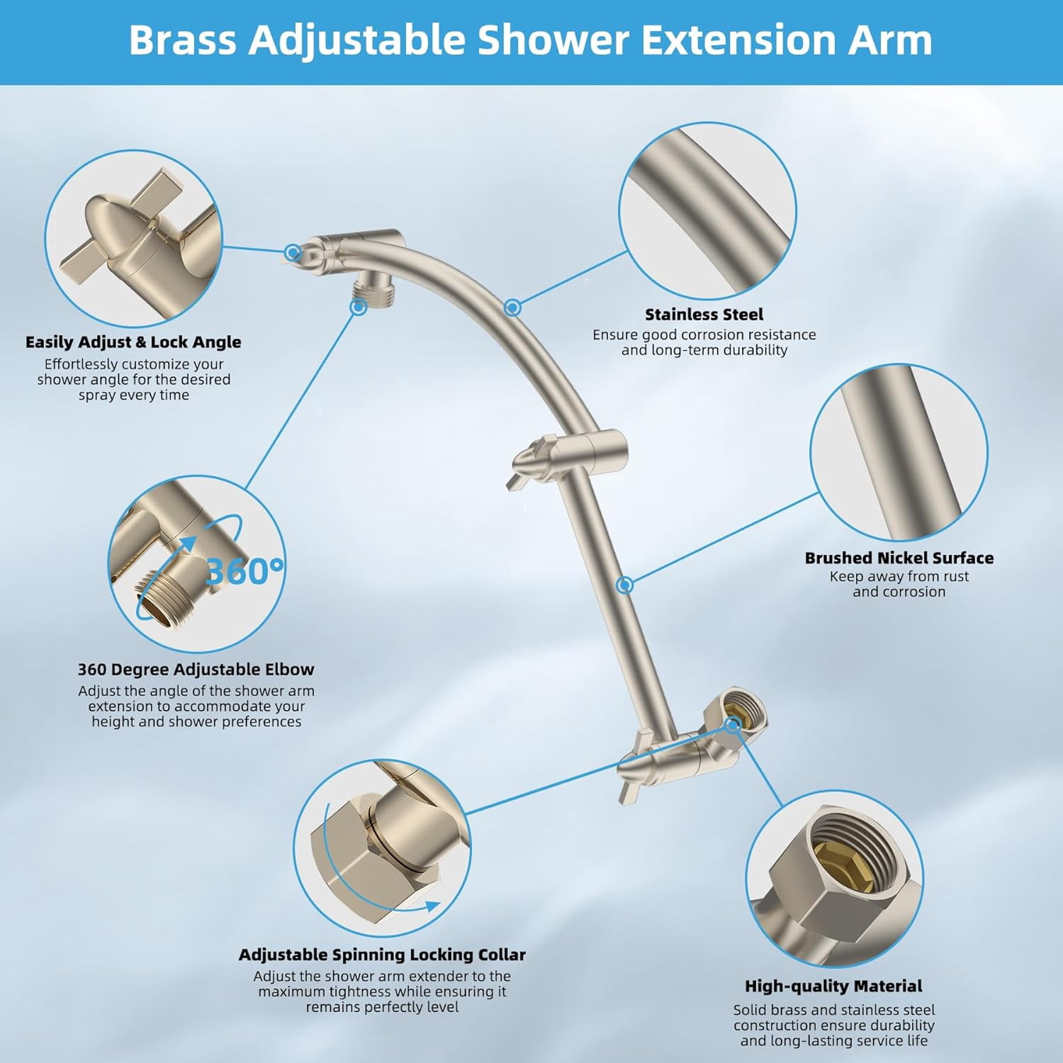 All Metal cUPC Certified Rain Shower Head, 10'' High Pressure Rainfall Showerhead with 16" Shower Head Extension Arm, Brass Adjustable Shower Arm Extender, fixed Showerheads, Brushed Nickel