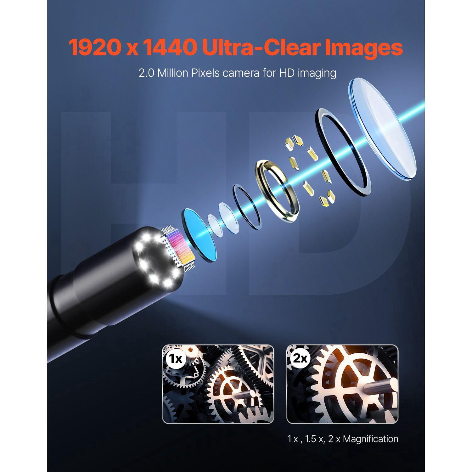 Endoscope Camera 49.2FT Semi Rigid Cable 1920P HD Borescope for Android IOS Industrial Inspection Camera 8 LED Lights 2X Zoom IP67 Waterproof Snake Camera for Auto Plumbing