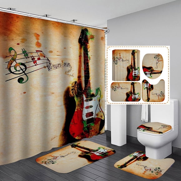 Juego de cortinas de ducha con notas de guitarra y música para decoración de baño