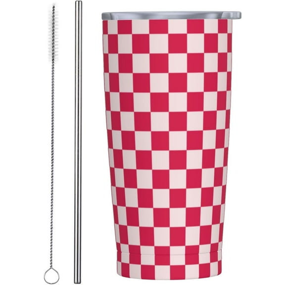 Pink Checkered Tumbler, Buffalo Plaid 20oz Stainless Steel Insulated Travel Tumbler,Travel Coffee Mug with Lid and Straw Cups Gifts for Women Men