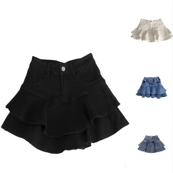 Krdevn Girls High Waist Denim Tiered Skirt, Elastic Waist Ruffled Hem Summer Skort, Kids Casual Pleated Mini Skirt,Black