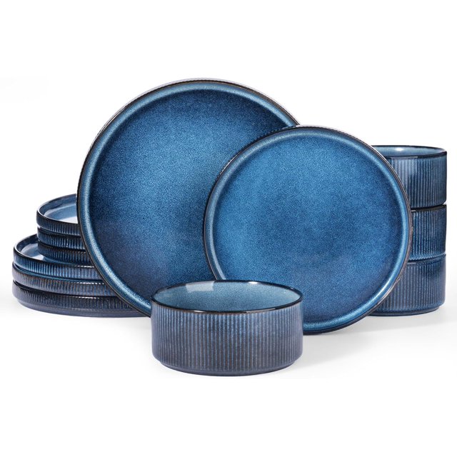 Richmount Star Dinnerware Sets, Plates and Bowls Set for 4, 12 Piece Dish Set, Ribbed, Nebulas Blue