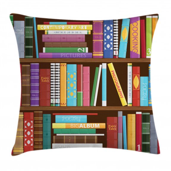Bookshelf Throw Pillow Cushion Cover, Digital Drawing Graphic of Home Library with Books About Different Subjects Image, Decorative Square Accent Pillow Case, 20" X 20", Multicolor, by Ambesonne