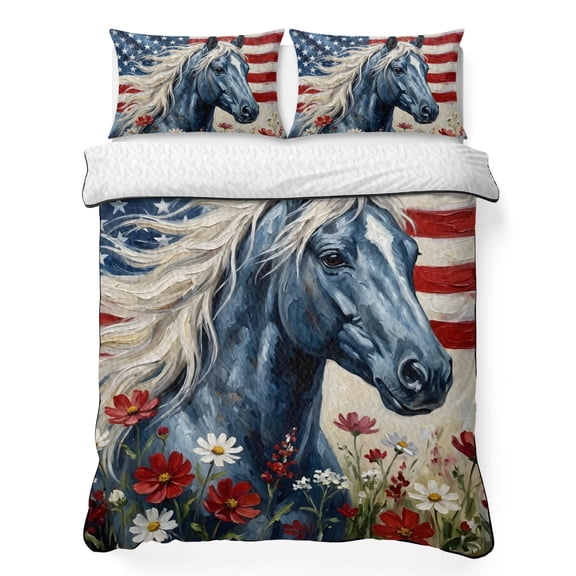 Quilts Twin Size Bedding Set, American Flag Horse Lightweight Quilted Comforter, USA Flag Vintage Floral Soft Reversible Bedspread Coverlet with Pillow Covers for All Season, 68" x 86"