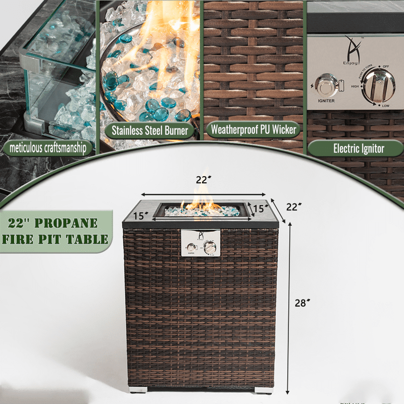 HONEY HOME 22 in Outdoor Propane Gas Fire Pit Table, 50,000 BTU Auto-Ignition Gas Firepit with Glass Wind Guard, Marble Tile Tabletop, Mixed Color Glass Rocks, Brown PE Rattan