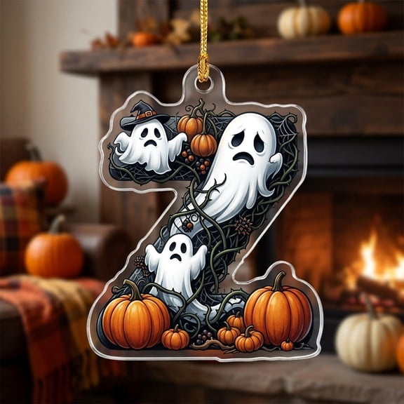 Halloween Ghost Alphabet Ornaments Set A-Z, 26 Letters Acrylic Hanging Decor with Pumpkin Pattern, Spooky Letter Signs for Tree Wall Party